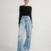 Calça Wide Leg Jeans Com Puídos E Rasgos No Joelho Azul